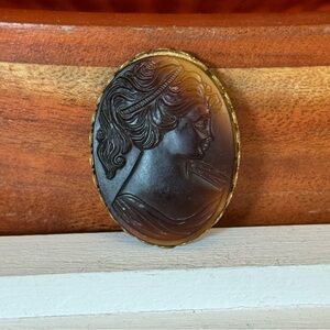 Vintage Cameo Brooch Faux Tortoiseshell Glass Victorian Revival Portrait Pin